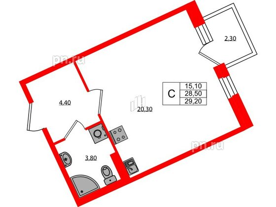 Квартира в ЖК Экография, студия, 29.2 м², 2 этаж