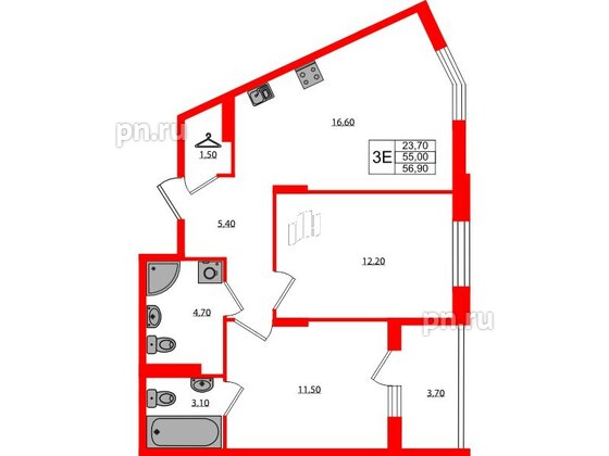 Квартира в ЖК Экография, 2 комнатная, 56.9 м², 2 этаж