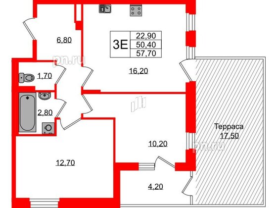 Квартира в ЖК Экография, 2 комнатная, 57.7 м², 1 этаж