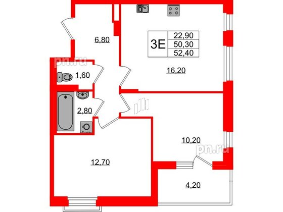 Квартира в ЖК Экография, 2 комнатная, 52.4 м², 2 этаж