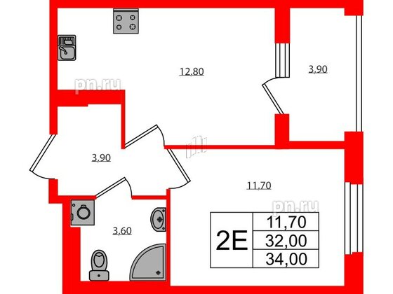 Квартира в ЖК Экография, 1 комнатная, 34 м², 3 этаж