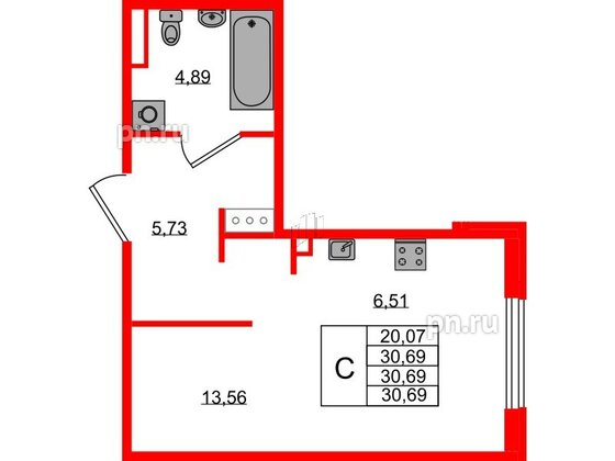 Квартира в ЖК Образцовый квартал, студия, 30.69 м², 3 этаж