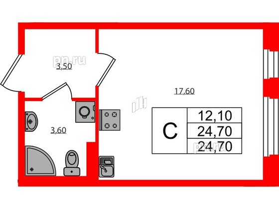 Квартира в ЖК Экография, студия, 24.7 м², 1 этаж