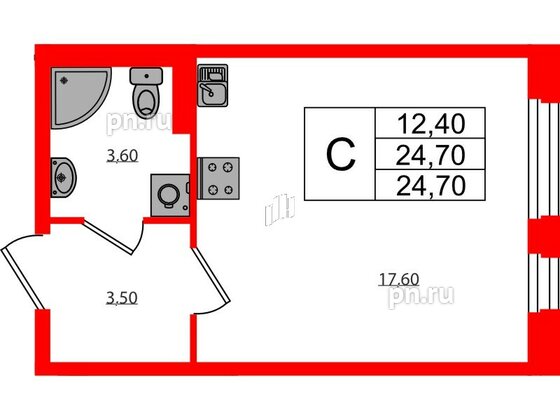 Квартира в ЖК Экография, студия, 24.7 м², 1 этаж