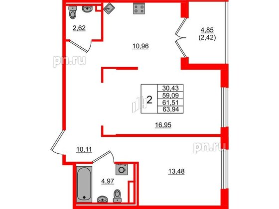 Квартира в ЖК Образцовый квартал, 2 комнатная, 59.09 м², 1 этаж