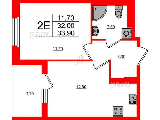 Квартира в ЖК Экография, 1 комнатная, 33.9 м², 3 этаж