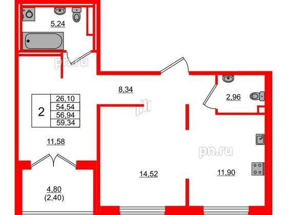 Квартира в ЖК Образцовый квартал, 2 комнатная, 54.54 м², 1 этаж