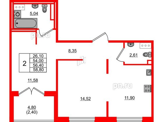 Квартира в ЖК Образцовый квартал, 2 комнатная, 54 м², 3 этаж