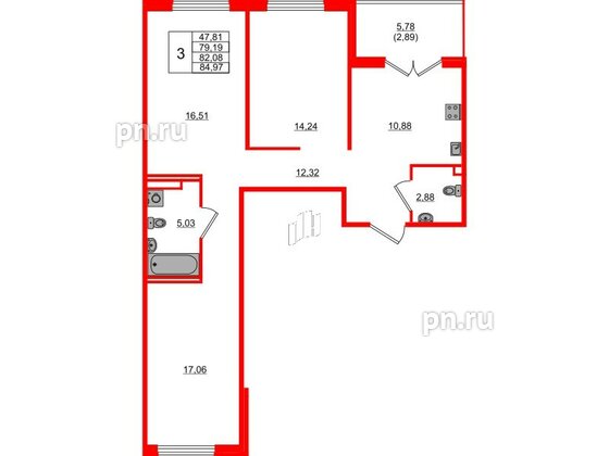 Квартира в ЖК Образцовый квартал, 3 комнатная, 79.19 м², 1 этаж