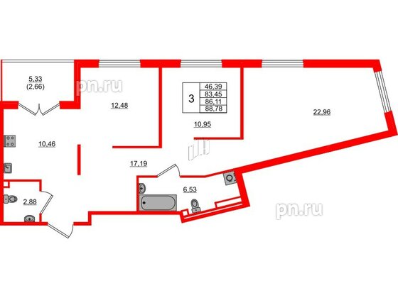 Квартира в ЖК Образцовый квартал, 3 комнатная, 83.45 м², 1 этаж