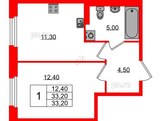 Квартира в ЖК Экография, 1 комнатная, 33.2 м², 1 этаж