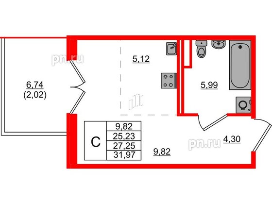 Квартира в ЖК Образцовый квартал, студия, 25.23 м², 1 этаж