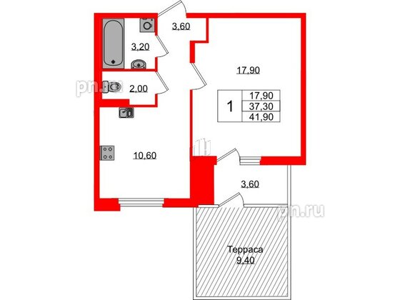Квартира в ЖК Экография, 1 комнатная, 41.9 м², 1 этаж