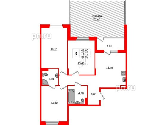 Квартира в ЖК Экография, 3 комнатная, 86.5 м², 1 этаж