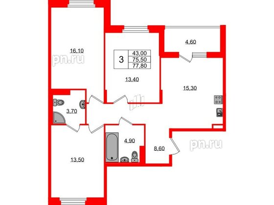 Квартира в ЖК «Экография», 3 комнатная, 77.8 м², 2 этаж