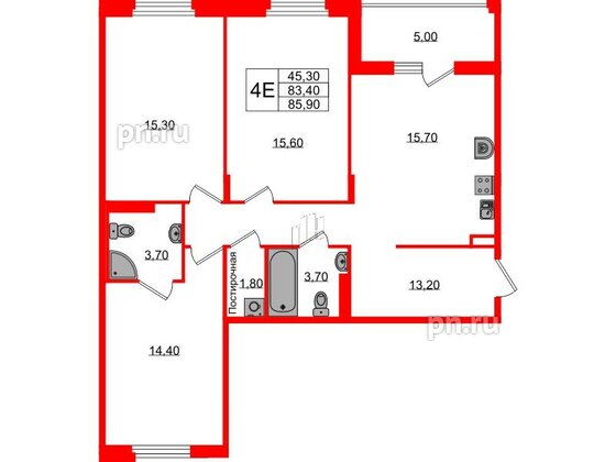 Квартира в ЖК Экография, 3 комнатная, 85.9 м², 3 этаж