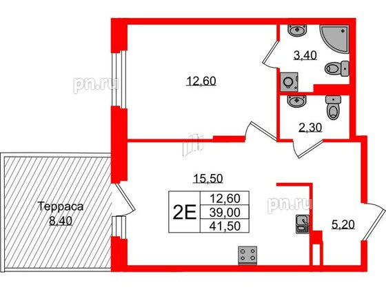 Квартира в ЖК Экография, 1 комнатная, 41.5 м², 1 этаж