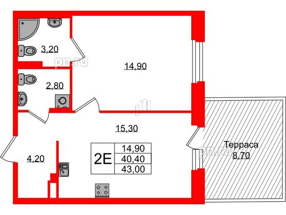 Квартира в ЖК Экография, 1 комнатная, 43 м², 1 этаж