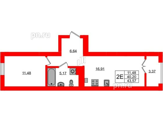 Квартира в ЖК «Включи», 1 комнатная, 43.57 м², 5 этаж