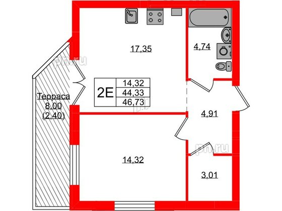 Квартира в ЖК «Включи», 1 комнатная, 46.73 м², 1 этаж