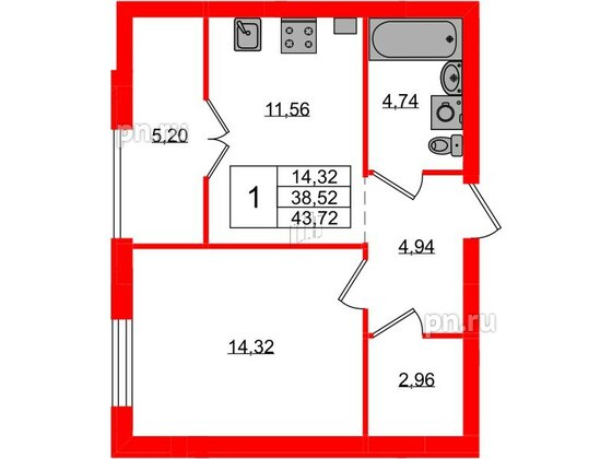 Квартира в ЖК «Включи», 1 комнатная, 43.72 м², 3 этаж