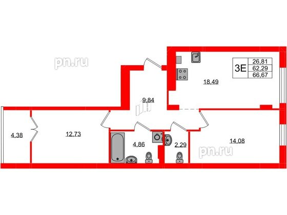 Квартира в ЖК «Включи», 2 комнатная, 66.67 м², 2 этаж