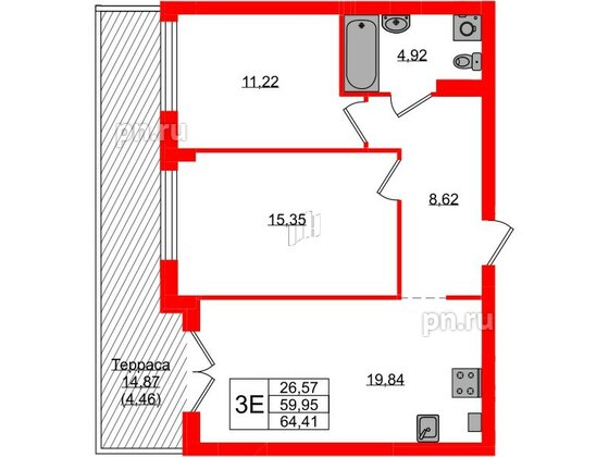 Квартира в ЖК «Включи», 2 комнатная, 64.41 м², 1 этаж