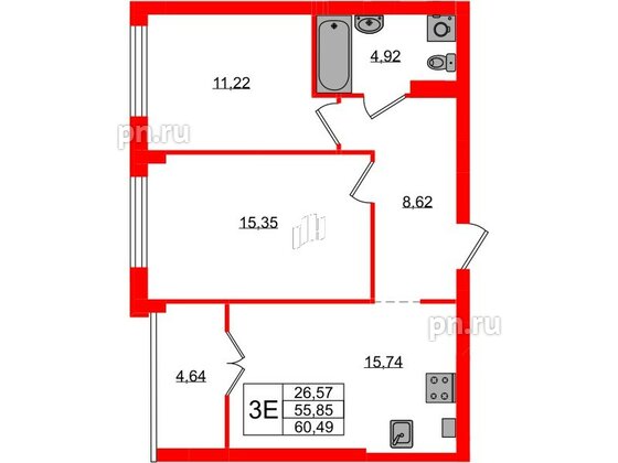 Квартира в ЖК «Включи», 2 комнатная, 60.49 м², 2 этаж