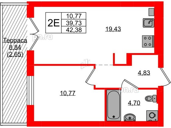 Квартира в ЖК «Включи», 1 комнатная, 42.38 м², 1 этаж