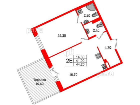 Квартира в ЖК Экография, 1 комнатная, 44.2 м², 1 этаж