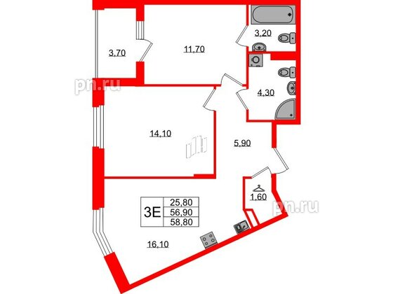 Квартира в ЖК Экография, 2 комнатная, 58.8 м², 2 этаж