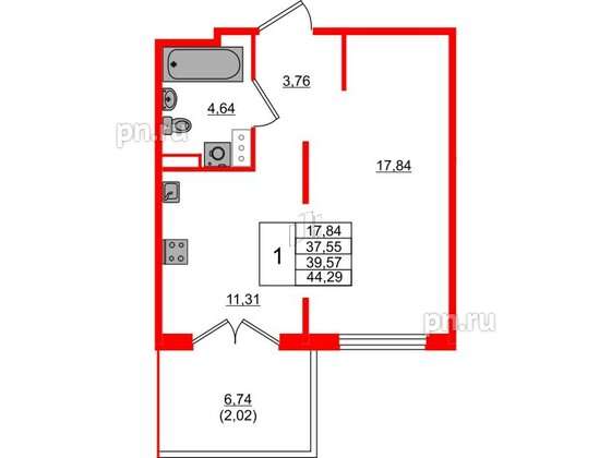 Квартира в ЖК Образцовый квартал, 1 комнатная, 37.55 м², 2 этаж