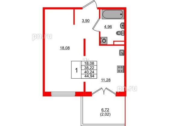 Квартира в ЖК Образцовый квартал, 1 комнатная, 38.22 м², 1 этаж