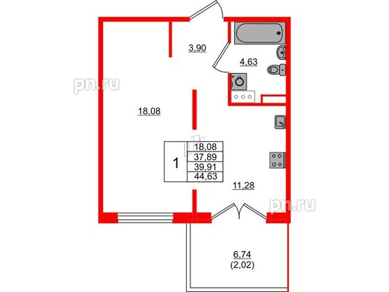 Квартира в ЖК Образцовый квартал, 1 комнатная, 37.89 м², 2 этаж