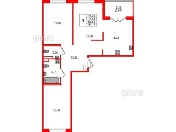 Квартира в ЖК Образцовый квартал, 3 комнатная, 78.84 м², 1 этаж