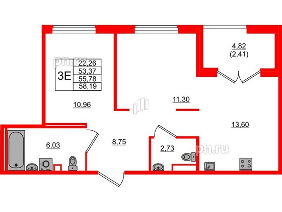 Квартира в ЖК Образцовый квартал, 2 комнатная, 53.37 м², 1 этаж