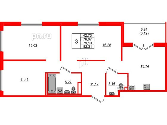 Квартира в ЖК Образцовый квартал, 3 комнатная, 76.07 м², 1 этаж