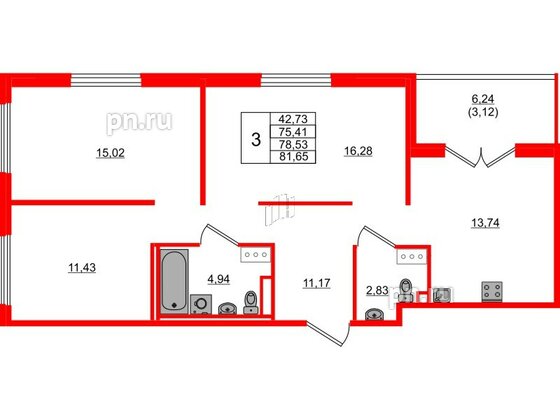 Квартира в ЖК Образцовый квартал, 3 комнатная, 75.41 м², 2 этаж