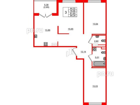 Квартира в ЖК Образцовый квартал, 3 комнатная, 78.96 м², 3 этаж