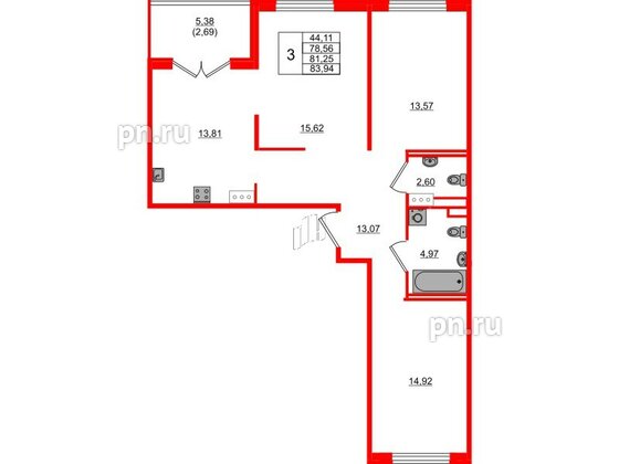 Квартира в ЖК Образцовый квартал, 3 комнатная, 78.56 м², 4 этаж