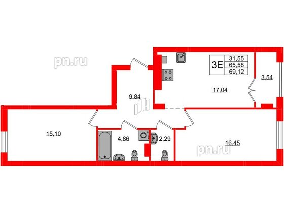 Квартира в ЖК «Включи», 2 комнатная, 69.12 м², 2 этаж