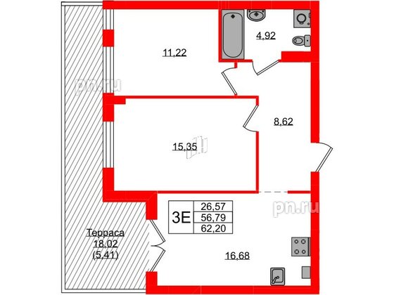 Квартира в ЖК «Включи», 2 комнатная, 62.2 м², 1 этаж