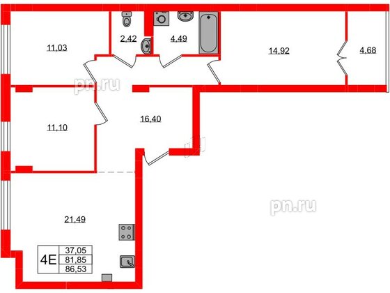 Квартира в ЖК «Включи», 3 комнатная, 86.53 м², 2 этаж