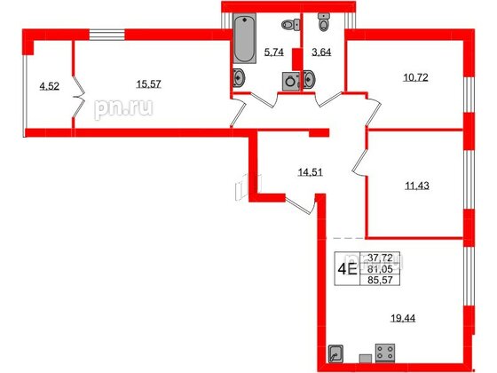 Квартира в ЖК «Включи», 3 комнатная, 85.57 м², 2 этаж