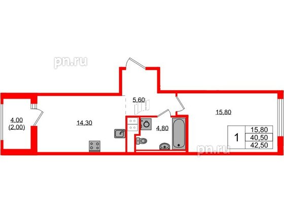 Квартира в ЖК Янила Форест, 1 комнатная, 42.5 м², 2 этаж
