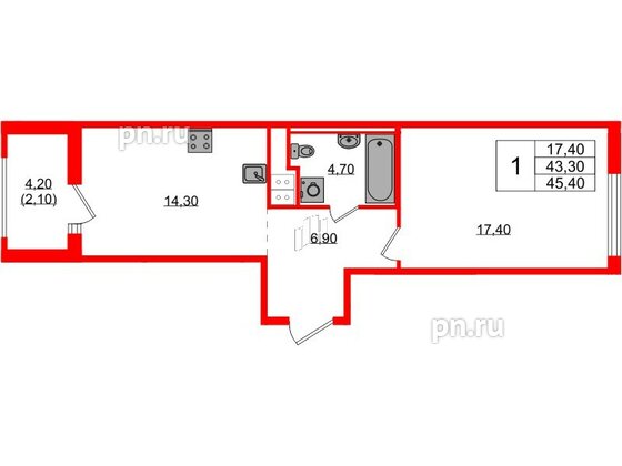 Квартира в ЖК Янила Форест, 1 комнатная, 45.4 м², 3 этаж