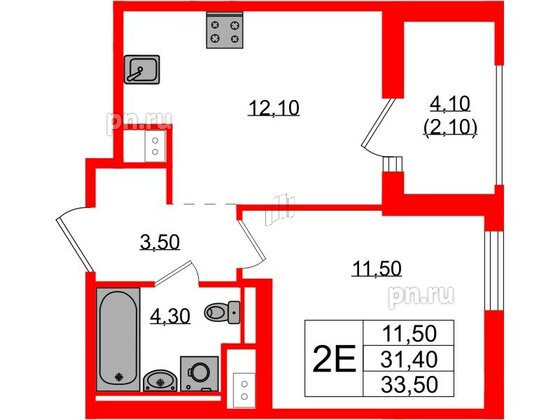 Квартира в ЖК Янила Форест, 1 комнатная, 33.5 м², 10 этаж