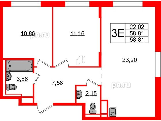 Квартира в ЖК Новые Лаврики, 2 комнатная, 58.81 м², 12 этаж