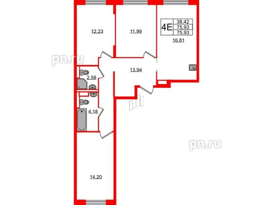Квартира в ЖК Новые Лаврики, 3 комнатная, 75.93 м², 11 этаж
