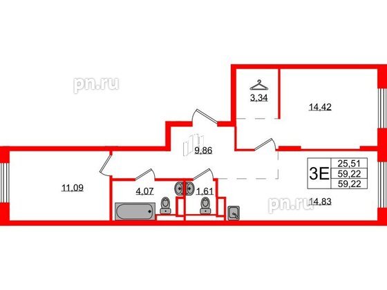 Квартира в ЖК Новые Лаврики, 2 комнатная, 59.22 м², 4 этаж